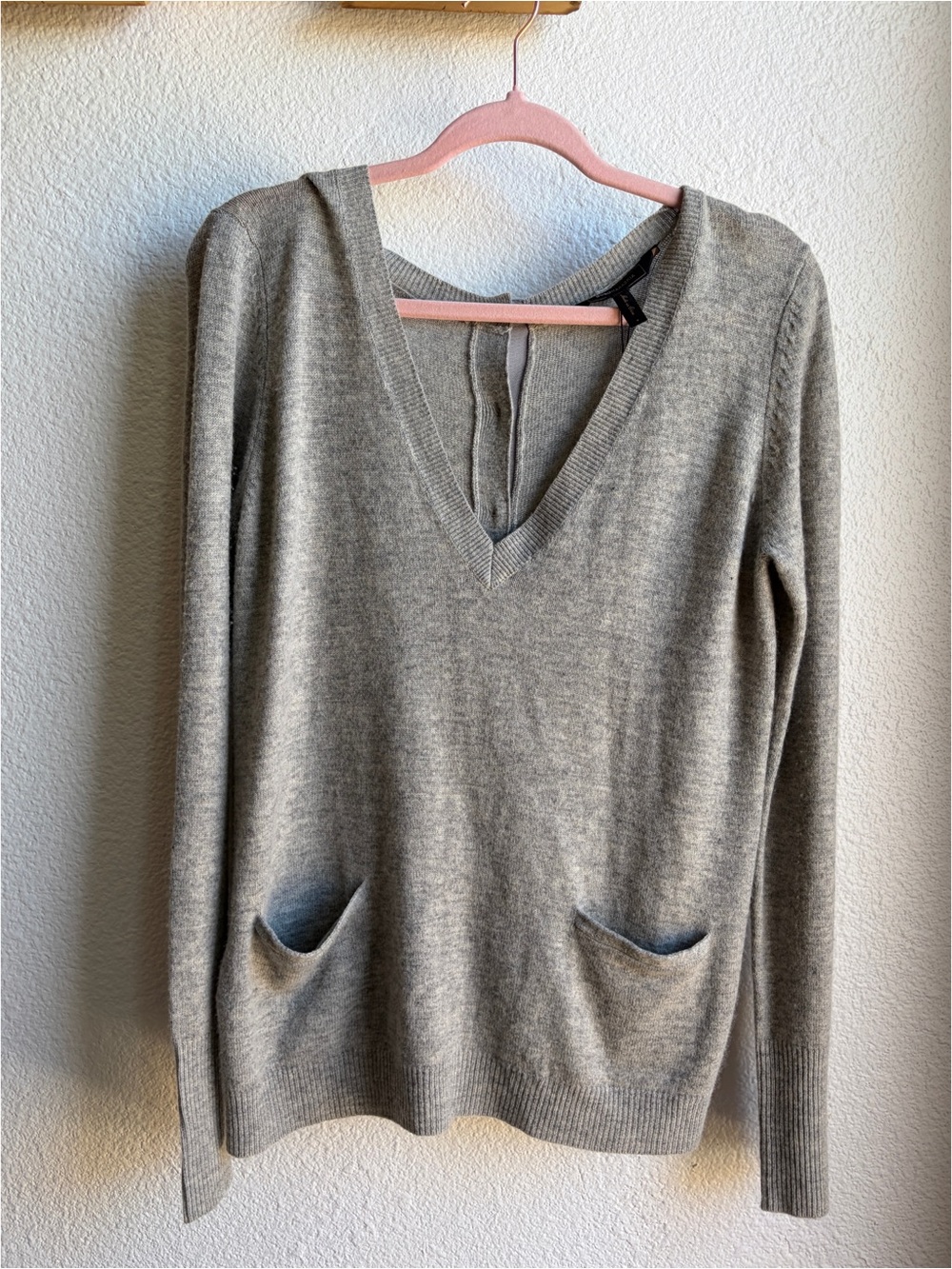 NWT BCBG Grey Cashmere Merino Reversible V-Neck Button Sweater Small